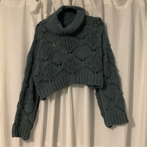 POL Teal Open Knit Cropped Turtleneck Sweater